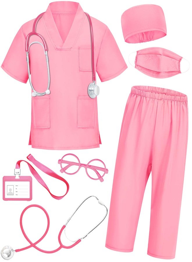 ICECUTE Doctor Scrubs for Kids,7 Pcs Scrubs Costume with Accessories,Halloween Costume for Boy Girls,3-11 Years (Pink, 5-6T) - Image 1
